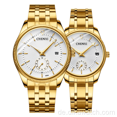 Hot 069 CHENXI All Gold Paar Uhr Mode Einfache und schöne Kalender Quarzuhr